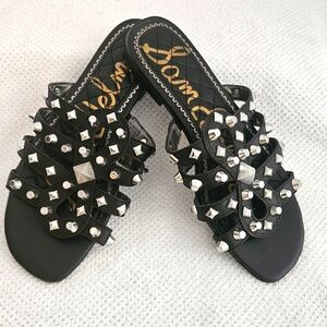 Sam Edelman Beatris Black Size 6.5 Leather Slide Sandals With Silver Stu…